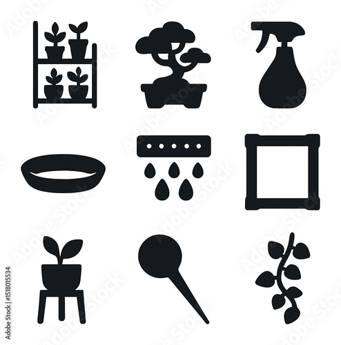 Modern Plant Shelf Icons. Solid, filled icons set of plant shelf styling: tiered shelf, bonsai tree, plant