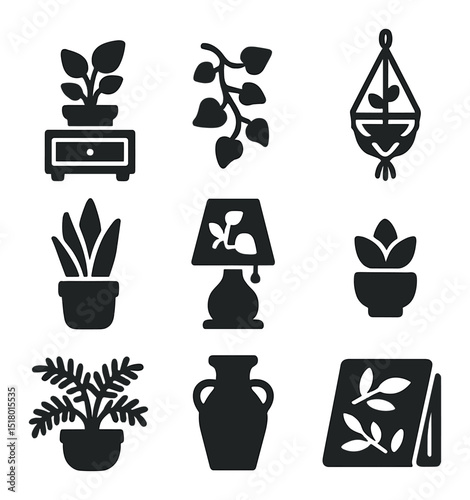 Bedroom Plant Icons. Solid, filled icons set of bedroom plant decor: bedside planter, trailing ivy, hanging