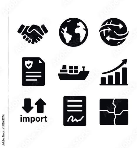 Trade Agreements Icons. Solid, filled icons set of trade agreements in emerging markets: handshake, global map