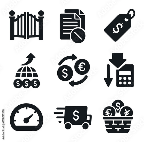 Market Icon Grid. Solid, filled icons set of market liberalization: open market gate, deregulation symbol,