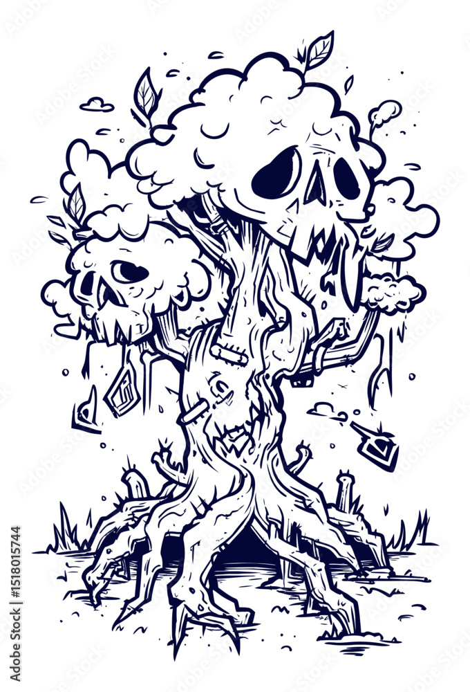 Obraz premium Haunted Skull Tree Illustration with Creepy Modern Elements in Black and White