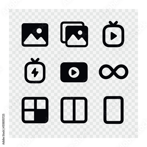 Modern Social Media Icons. Solid, filled icons set of post types and formats: single image, carousel post,