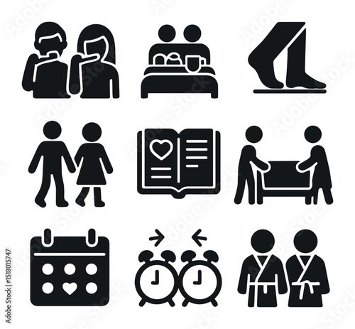 Couple Rituals Icons. Solid, filled icons set of daily rituals for couples: brushing teeth together, breakfast