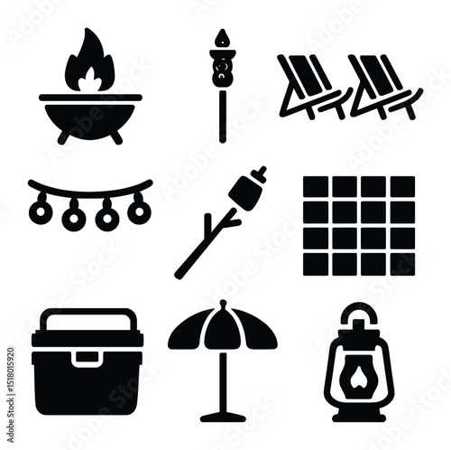 Beach Party Icons. Solid, filled icons set of beach bonfire party setup and decorations: fire pit, tiki torch,