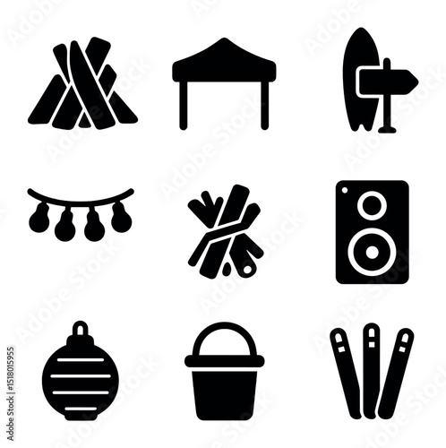 Seaside Icon Collection. Solid, filled icons set of seaside evening gathering: driftwood pile, tent canopy,