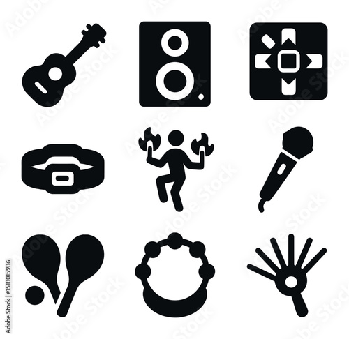 Beach Party Icon Set. Solid, filled icons set of beach party entertainment tools: ukulele, speaker box, dance