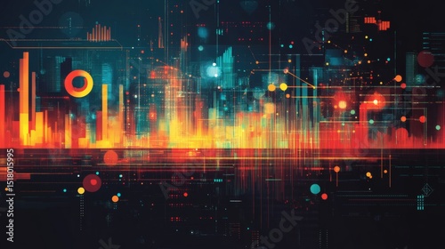 Abstract digital cityscape with glowing lines, data points, and graphs.