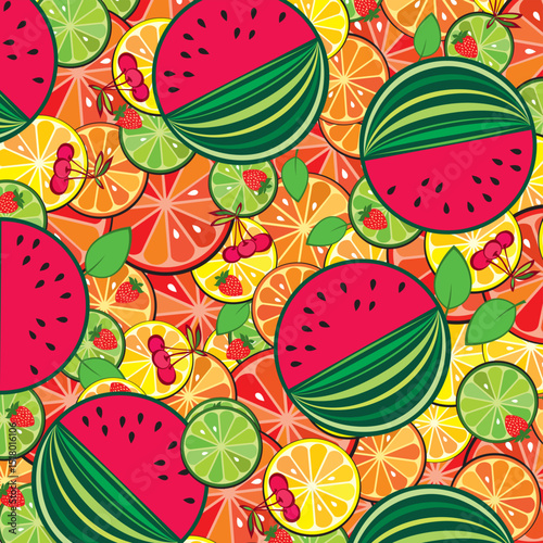 colorful fruit background. Tropical pattern. Summer design. Bright and juicy vector Illustration. Healthy food. Top view, flat layout. Good for textile fabric design, wrapping paper, website 