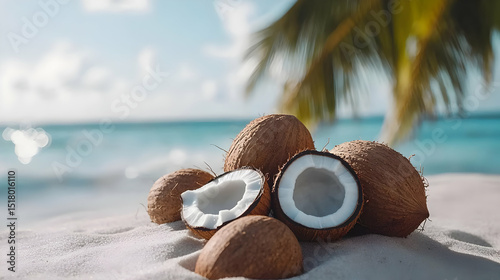 Tropical Beach Scene With Fresh Coconuts