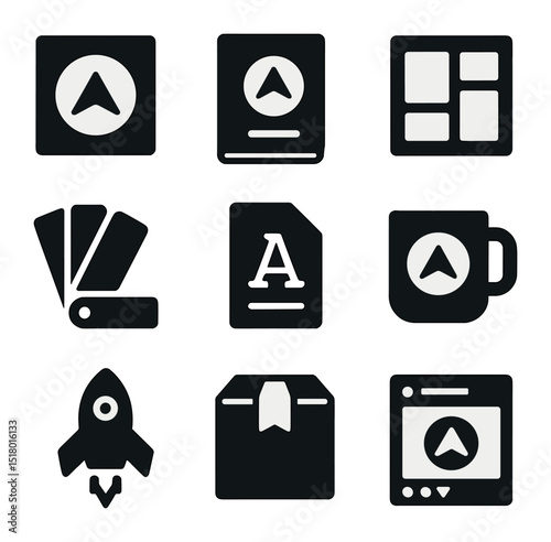 Startup Branding Icons. Solid, filled icons set of startup branding elements: logo design, brand guide, mood