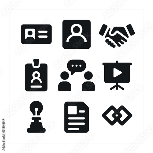 Startup Networking Icons. Solid, filled icons set of startup networking and exposure: business card, LinkedIn