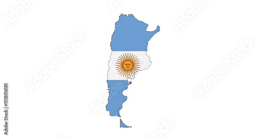 Map of Argentina with national flag overlay on a white background, showcasing the country's outline, colors, and emblem