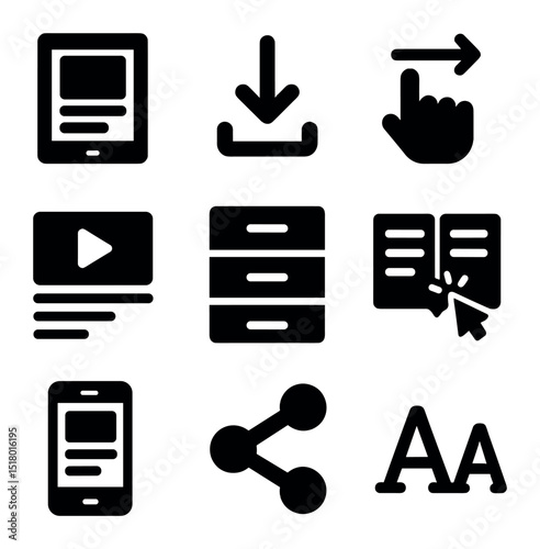 Digital Icon Collection. Solid, filled icons set of digital magazine assets: e-magazine screen, download icon,