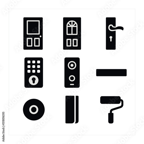 Door Upgrade Icons. Solid, filled icons set of front door upgrades: new door panel, decorative glass insert,