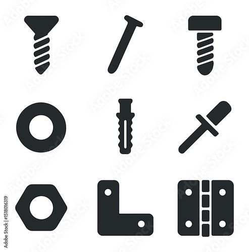 Fasteners Icon Set. Solid, filled icons set of fasteners and hardware: screw, nail, bolt, washer, anchor,