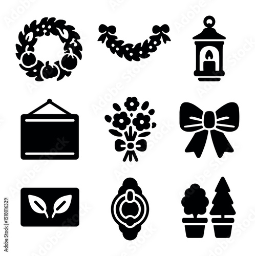 Seasonal Door Decor Icons. Solid, filled icons set of seasonal door decorations: fall wreath, holiday garland,