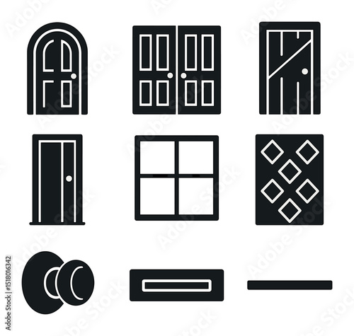 Stylish Door Icons. Solid, filled icons set of stylish door design: arched door, double entry door, rustic