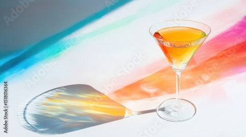 artsy photo of mocktail glass casting colorful shadows on white surface