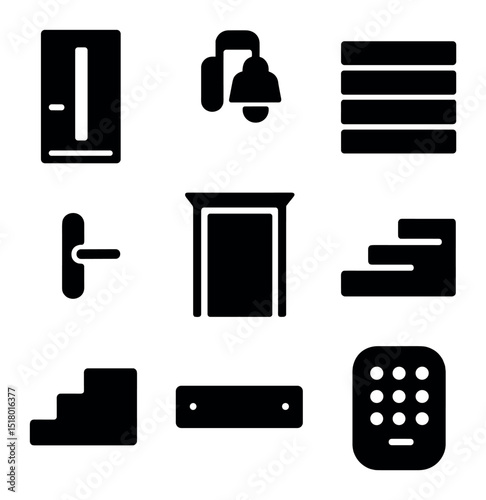 Modern Entryway Icons. Solid, filled icons set of modern entryway styles: black matte door, vertical glass