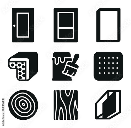 Door Material Icons. Solid, filled icons set of door material choices: solid wood slab, fiberglass panel,