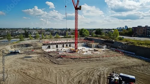 Construction site with a towering crane, foundation work in progress, city skyline in background