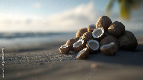 Stacked Coconuts On Sandy Beach At Sunrise
