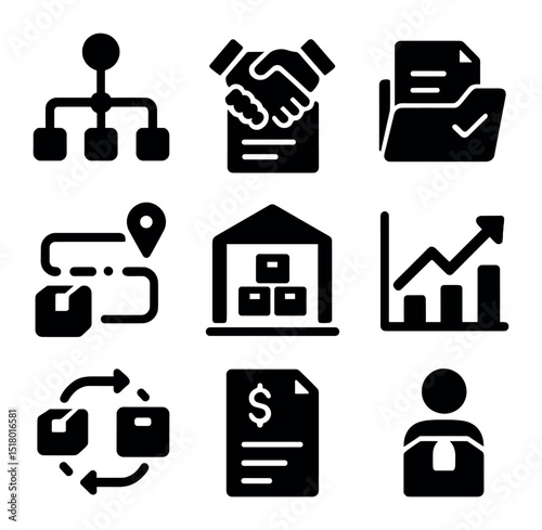 Supply Chain Icons. Solid, filled icons set of supply chain agreements: logistics network, agreement icon,