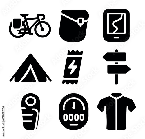 Long-Distance Biking Icons. Solid, filled icons set of long-distance biking: touring bike, saddlebag, GPS