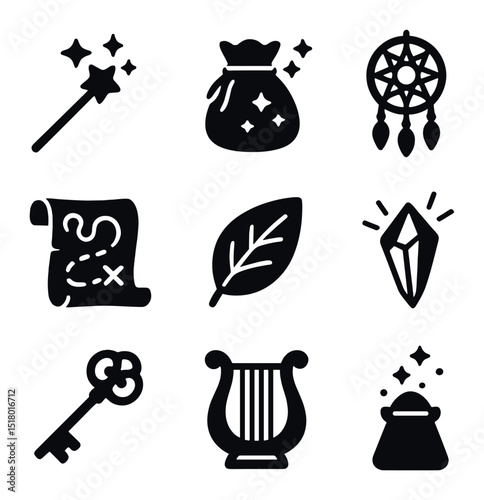 Fairy Tools Icons. Solid, filled icons set of fairy tools: wand, glitter pouch, dream catcher, map scroll,