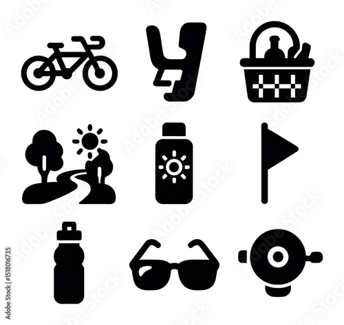 Family Bike Ride Icons. Solid, filled icons set of family bike rides: tandem bike, child seat, picnic basket,