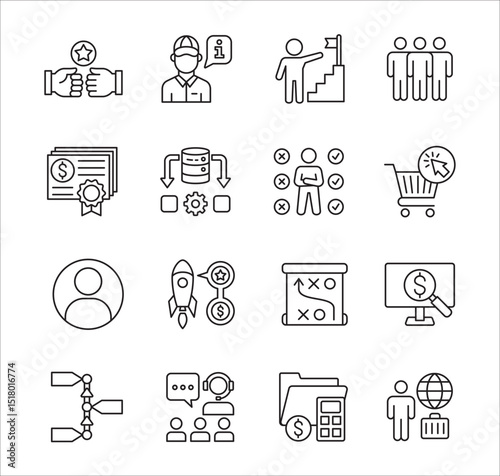 Business company Icon set. Management icon set. Contains symbol of teamwork, data, asset, stock, resource, employee, businessman, target, finance, holiday, meeting, education. Vector illustration