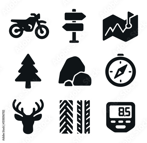 Trail Exploration Icons. Solid, filled icons set of trail exploration: dirt bike, trail sign, elevation map,