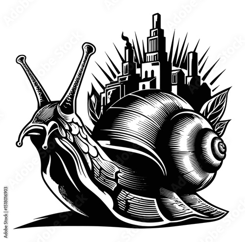 Intricate Linocut Art of a Snail with Stylized Urban Background