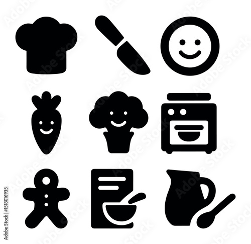 Creative Cooking Icons. Solid, filled icons set of creative cooking for kids: mini chef hat, safe knife,