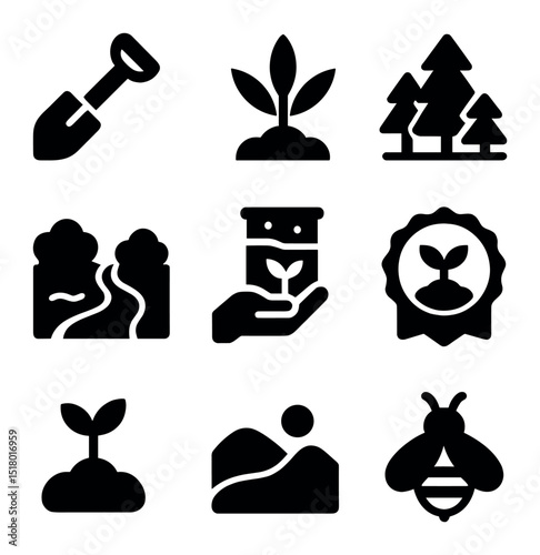 Ecosystem Restoration Icons. Solid, filled icons set of ecosystem restoration: planting shovel, native plant,