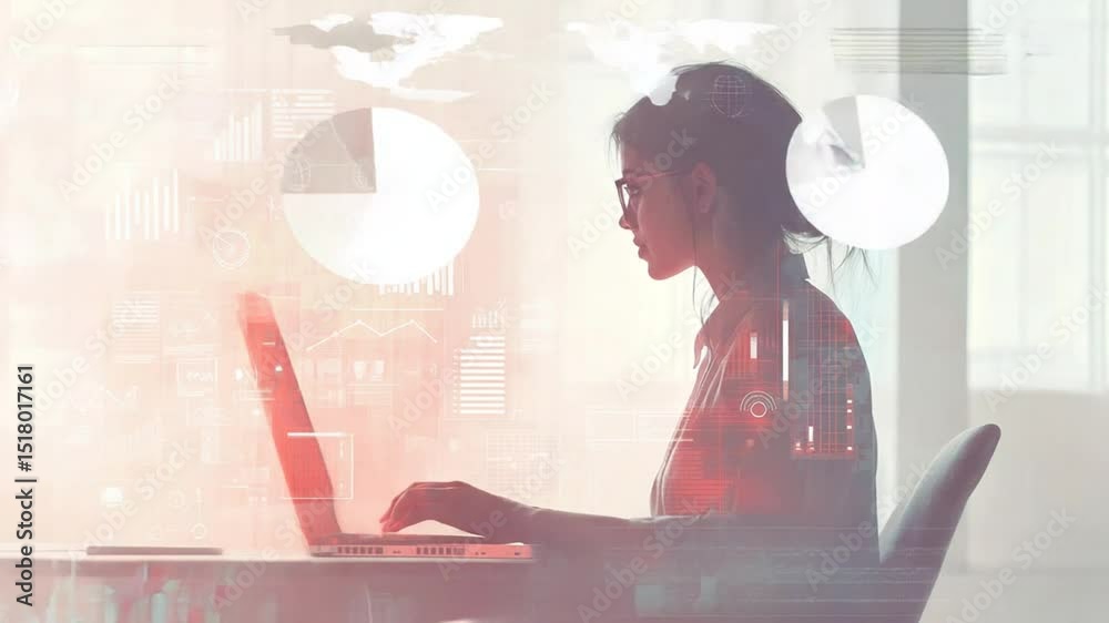 Woman analyzing data on laptop with digital overlays, business intelligence concept