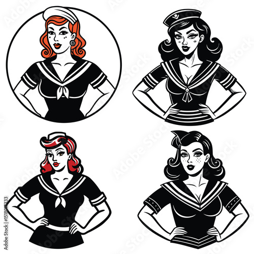 Vintage Pin-Up Sailor Girl Illustrations – Retro Style Characters