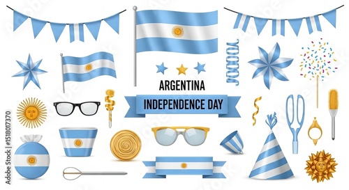 Colorful elements celebrating Argentine Independence Day with flags, decorations, and festive symbols