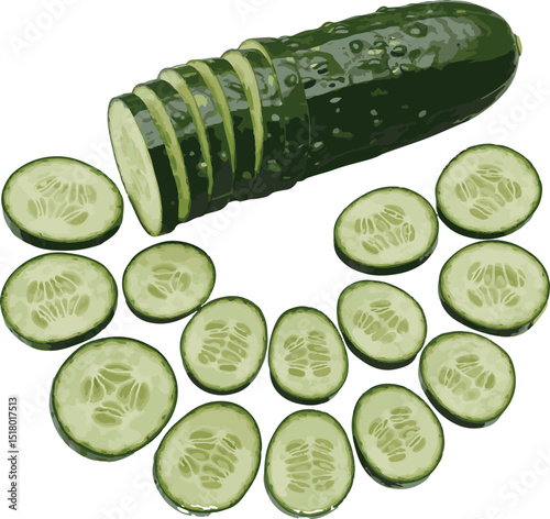 Freshly cut cucumber slices arranged on a white background healthy eating concept.