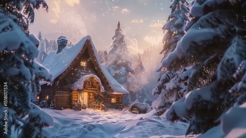 Snowy Nordic village with cozy cabin, glowing windows, and serene winter landscape.