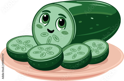 Adorable cartoon cucumber character with a smiling face and cucumber slices on a pink plate.