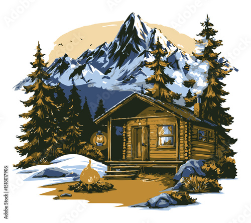 Hand-Drawn Modern Nature Illustration of a Cozy Cabin in the Mountains
