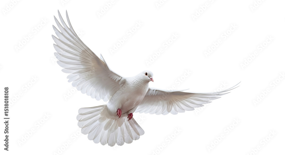 Fototapeta premium White dove soaring upward against a pristine white background, creating a sense of freedom and tranquility