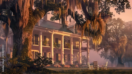 Southern plantation house with wraparound porch, rocking chairs, and moss-draped oak trees