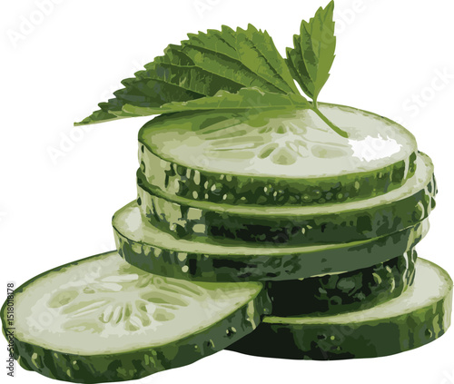 Stacked cucumber slices with green leaves represent a refreshing and healthy concept.