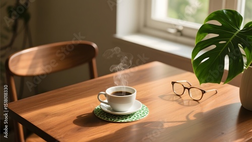 a cup of tea and a sunglass on a table