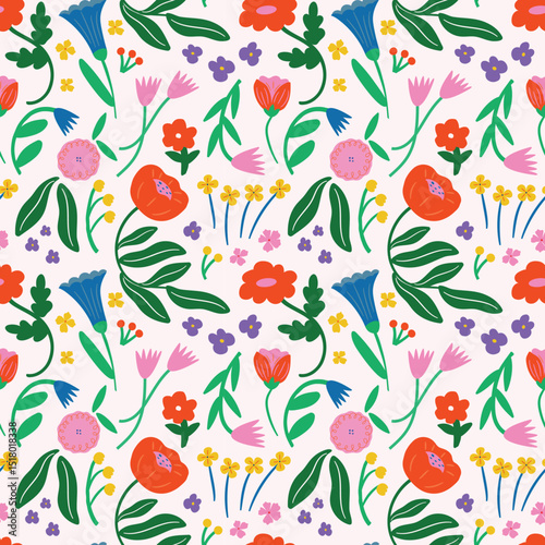 Exotic Hand-drawn cute colorful flowers bright seamless pattern. Whimsical Summer background for wallpaper, textile print, packaging, stationary, home decor, cover, banner etc. 