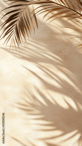 Vertical shadow play of tropical palm leaves in soft morning light on sandy background, creating natural, minimalist, calming atmosphere perfect for wellness branding or interior design visuals