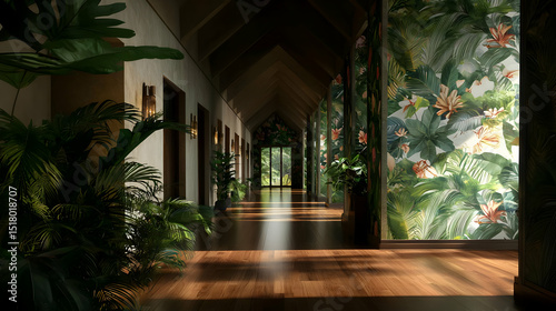 Tropical Style Hallway With Floral Wallpaper And Lush Plants