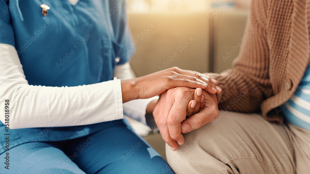 Fototapeta premium Elderly patient, nurse and hands with care on sofa for empathy or understanding at retirement home. Closeup, caregiver and help with senior person for assisted living, sympathy or support at house